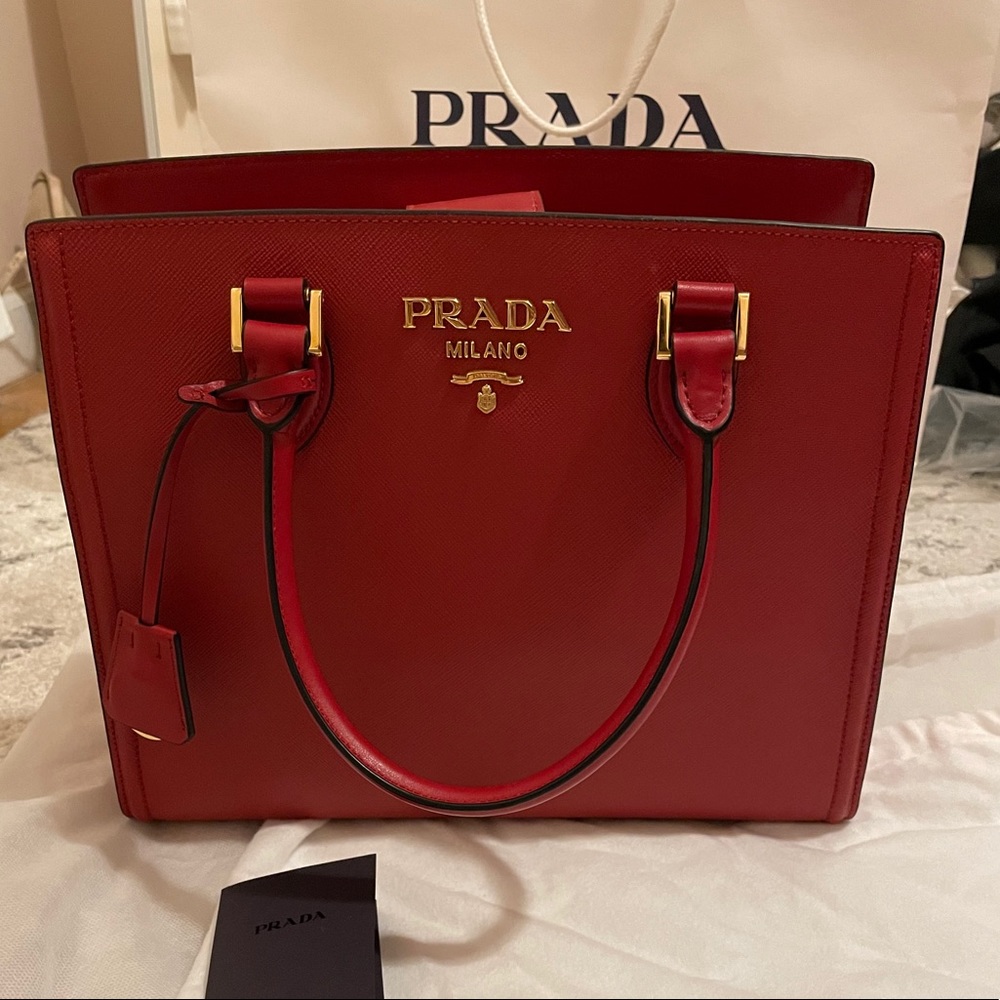PRADA Red Saffiano Leather Tote. NWT